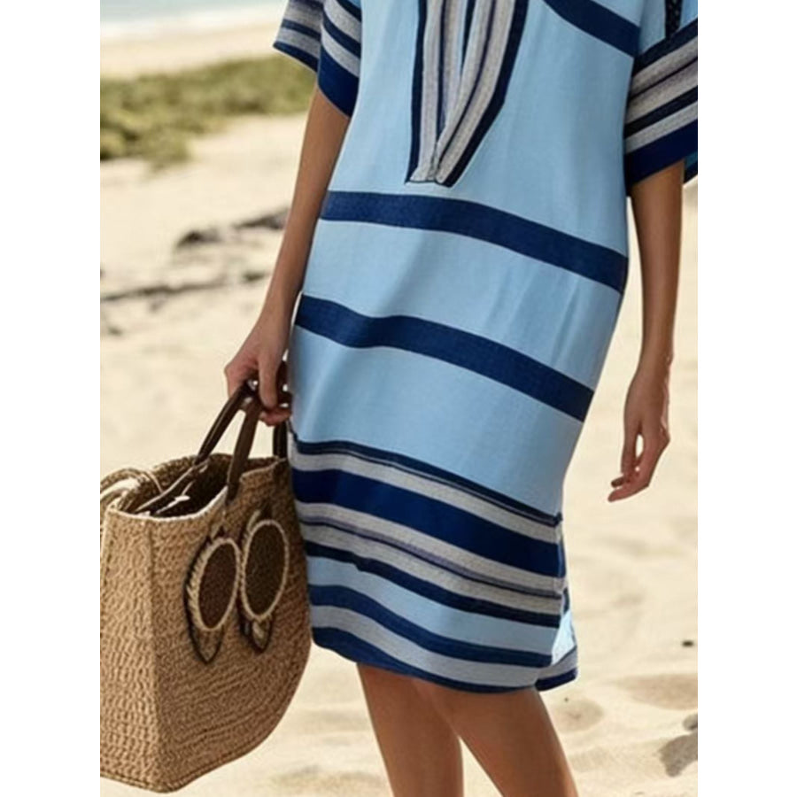 Full Size Striped Half Sleeve Midi Dress Plus Size Apparel and Accessories