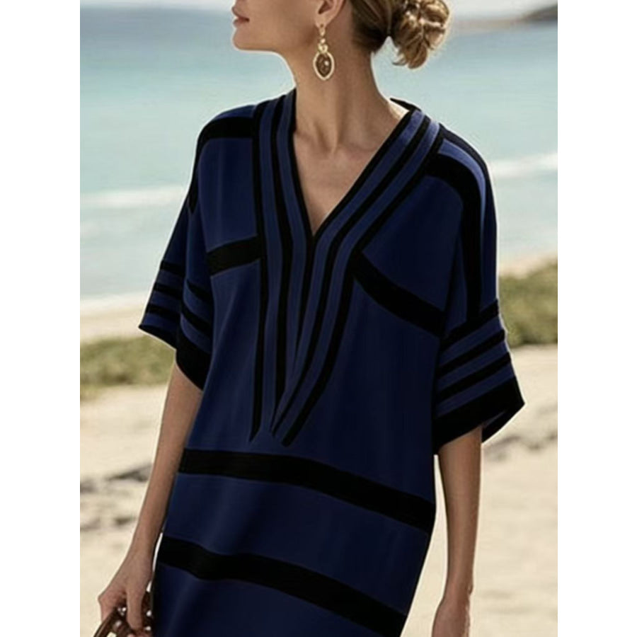 Full Size Striped Half Sleeve Midi Dress Plus Size Apparel and Accessories