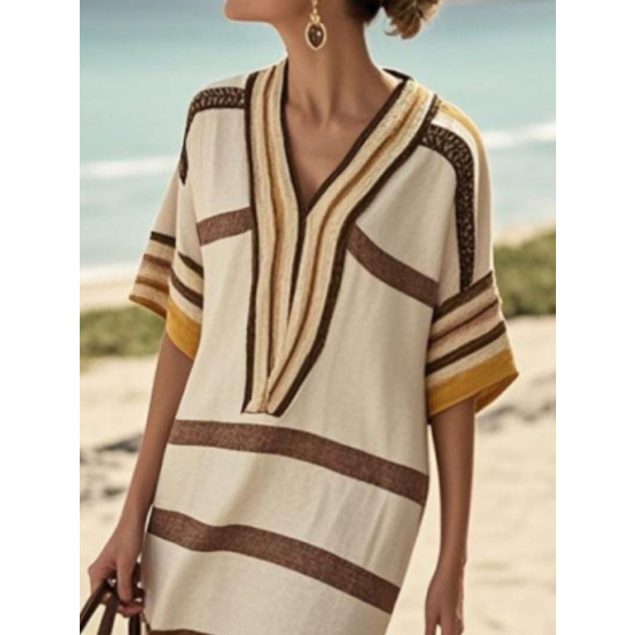 Full Size Striped Half Sleeve Midi Dress Plus Size Apparel and Accessories