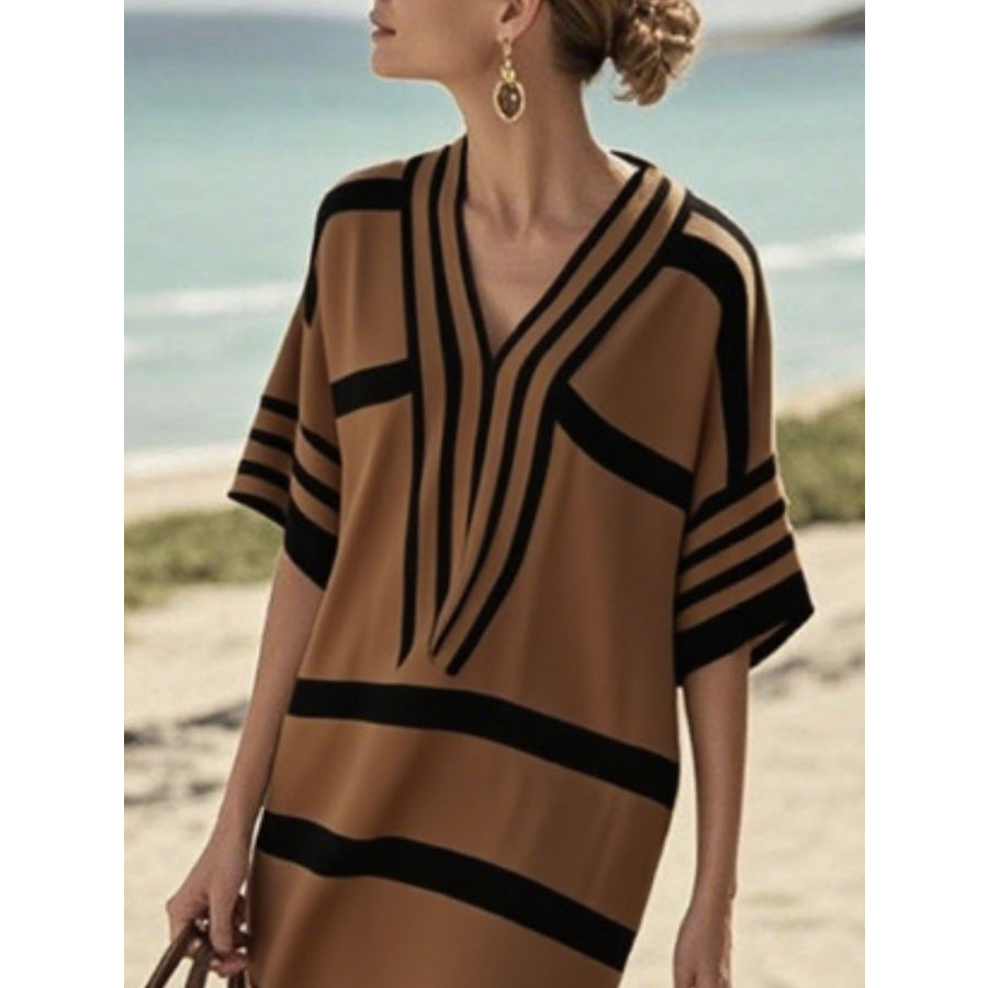 Full Size Striped Half Sleeve Midi Dress Plus Size Apparel and Accessories