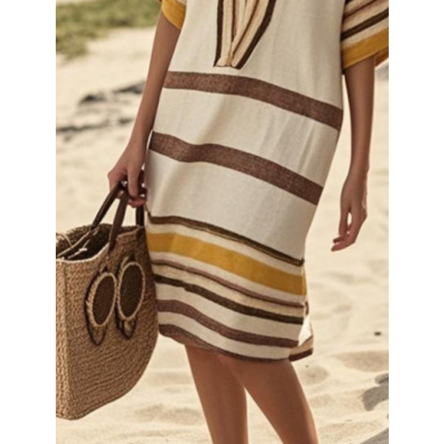 Full Size Striped Half Sleeve Midi Dress Plus Size Apparel and Accessories