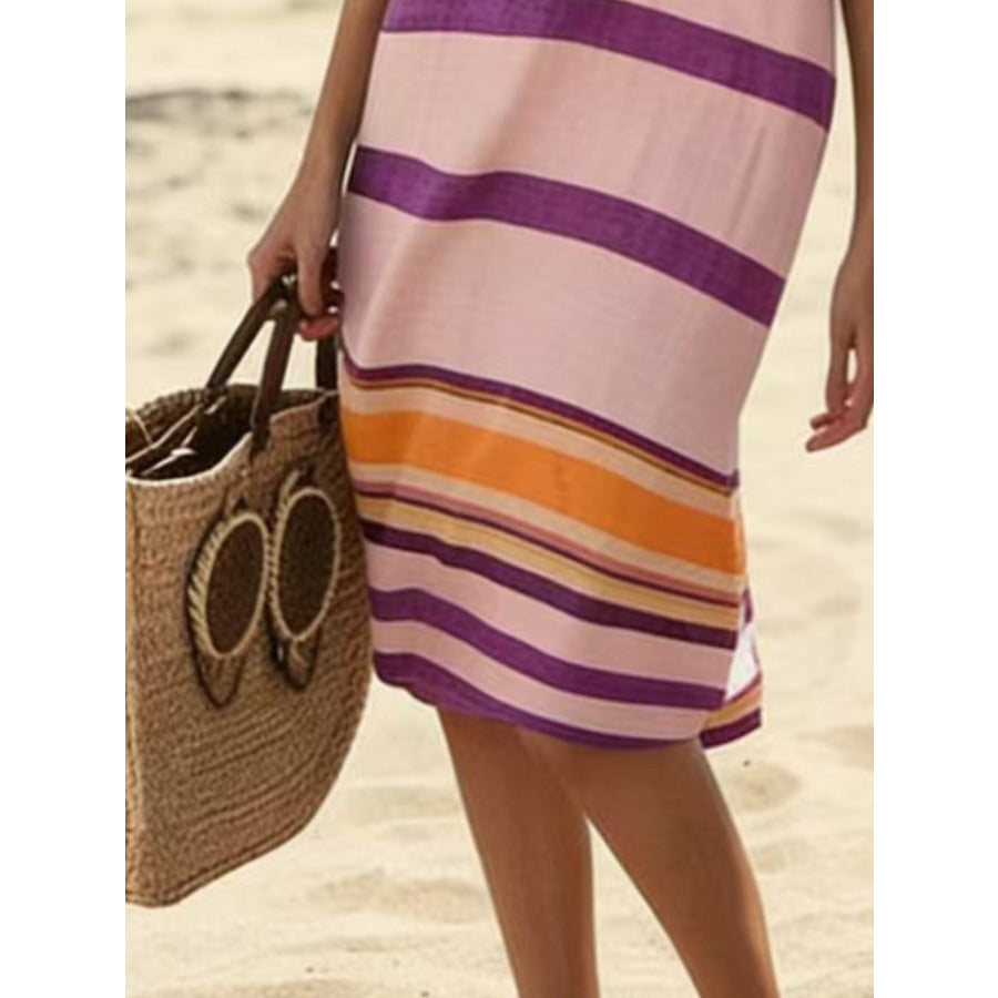Full Size Striped Half Sleeve Midi Dress Plus Size Apparel and Accessories