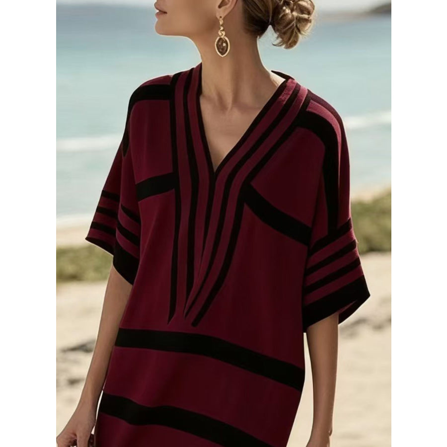 Full Size Striped Half Sleeve Midi Dress Plus Size Apparel and Accessories