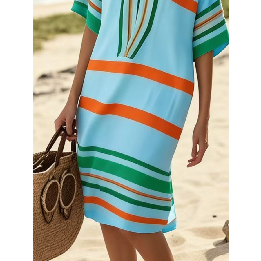 Full Size Striped Half Sleeve Midi Dress Plus Size Apparel and Accessories