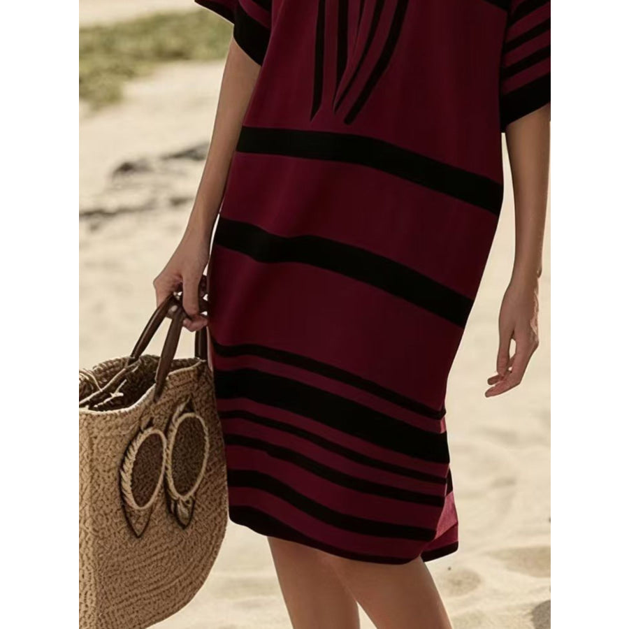 Full Size Striped Half Sleeve Midi Dress Plus Size Apparel and Accessories