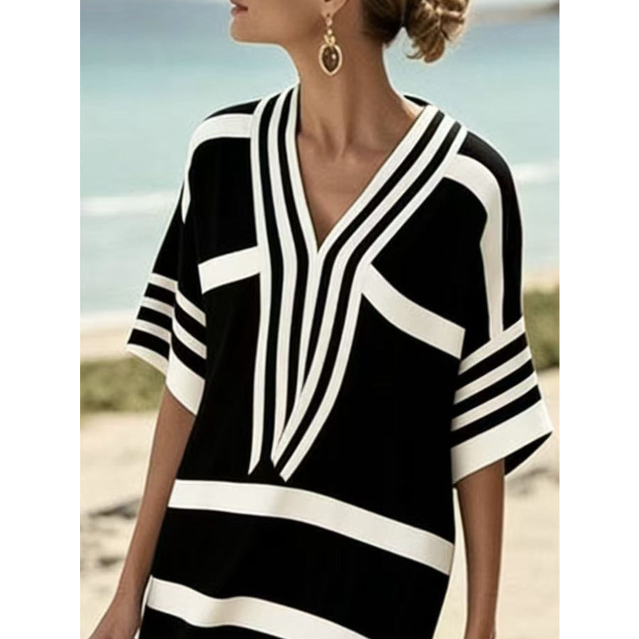 Full Size Striped Half Sleeve Midi Dress Plus Size Apparel and Accessories