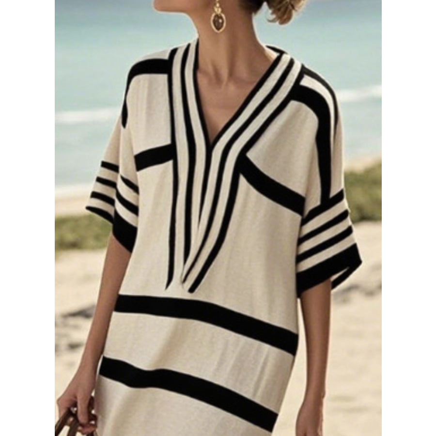 Full Size Striped Half Sleeve Midi Dress Plus Size Apparel and Accessories