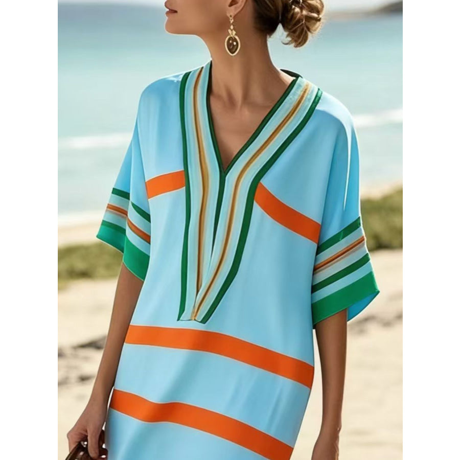 Full Size Striped Half Sleeve Midi Dress Plus Size Apparel and Accessories