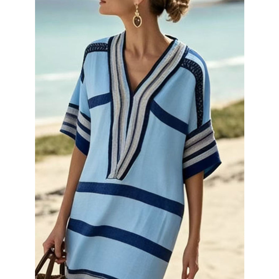 Full Size Striped Half Sleeve Midi Dress Plus Size Apparel and Accessories