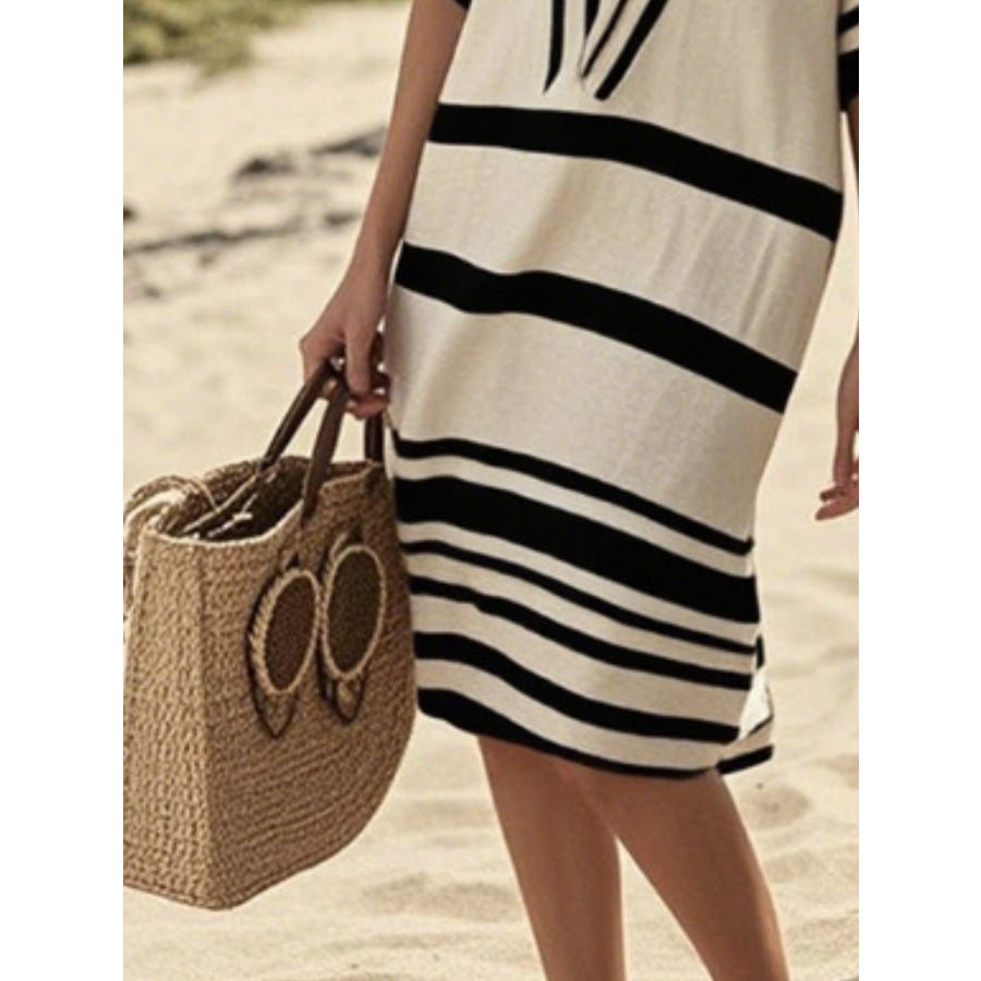 Full Size Striped Half Sleeve Midi Dress Plus Size Apparel and Accessories
