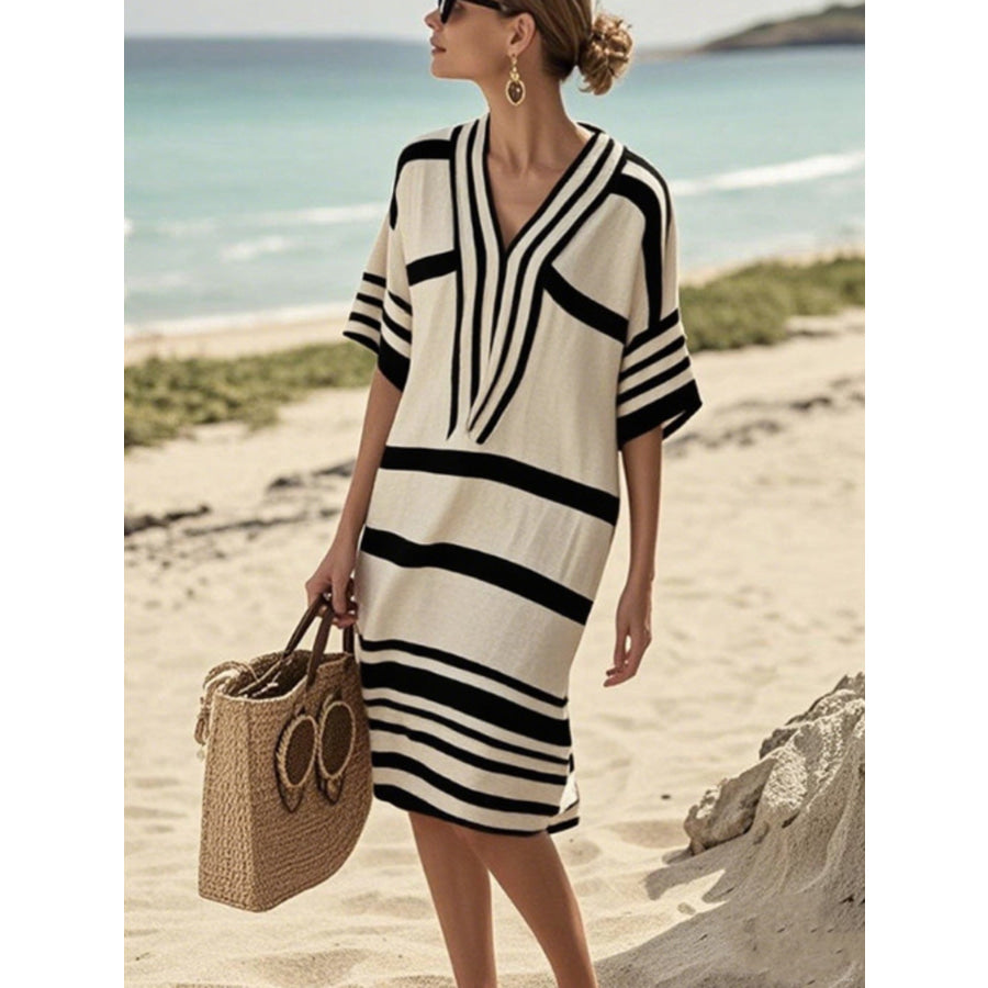 Full Size Striped Half Sleeve Midi Dress Plus Size Black + Khaki / S Apparel and Accessories