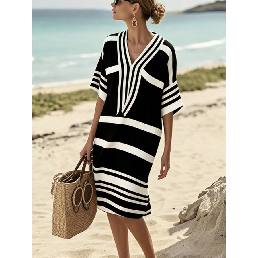 Full Size Striped Half Sleeve Midi Dress Plus Size Black / S Apparel and Accessories