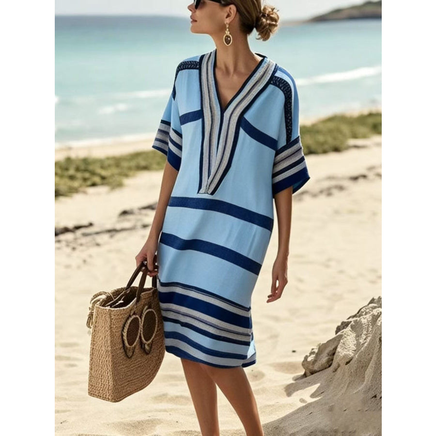 Full Size Striped Half Sleeve Midi Dress Plus Size Blue / S Apparel and Accessories