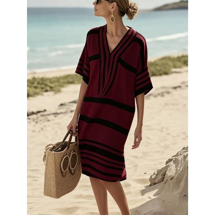 Full Size Striped Half Sleeve Midi Dress Plus Size Burgundy / S Apparel and Accessories