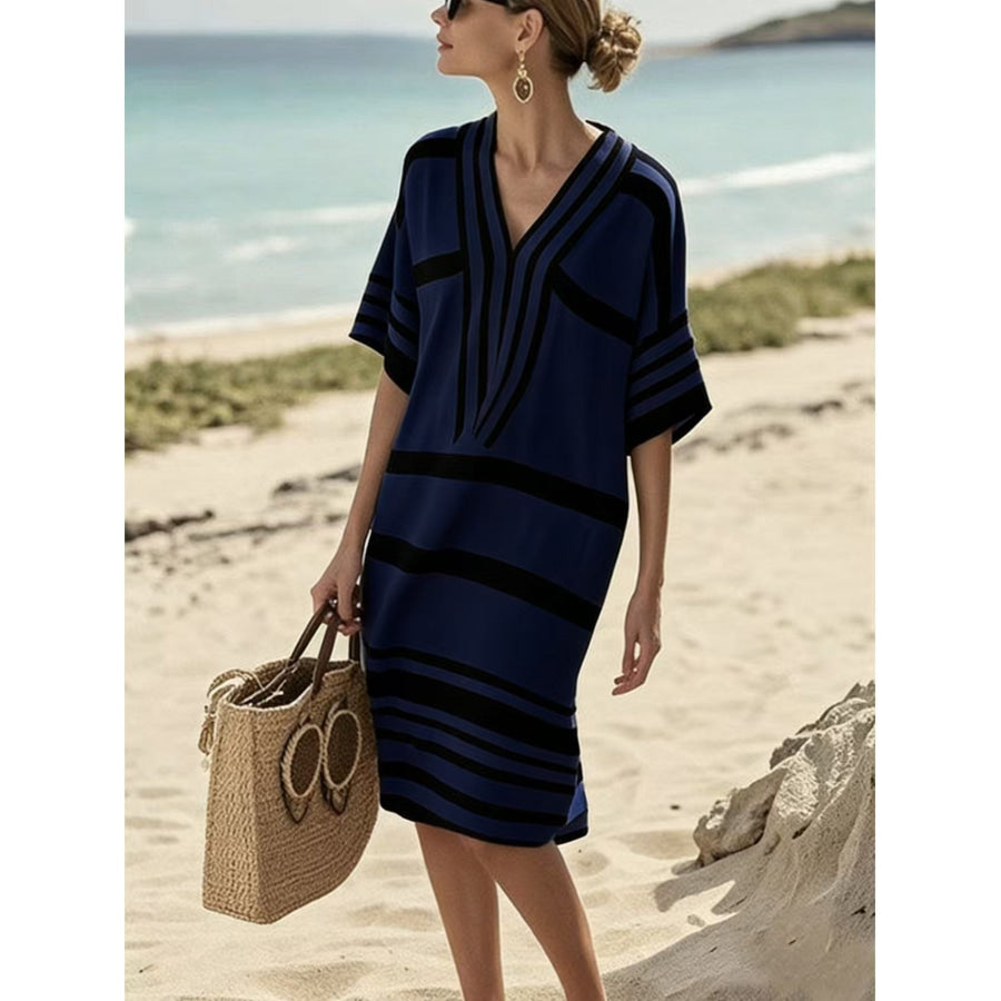 Full Size Striped Half Sleeve Midi Dress Plus Size Dark Blue / S Apparel and Accessories