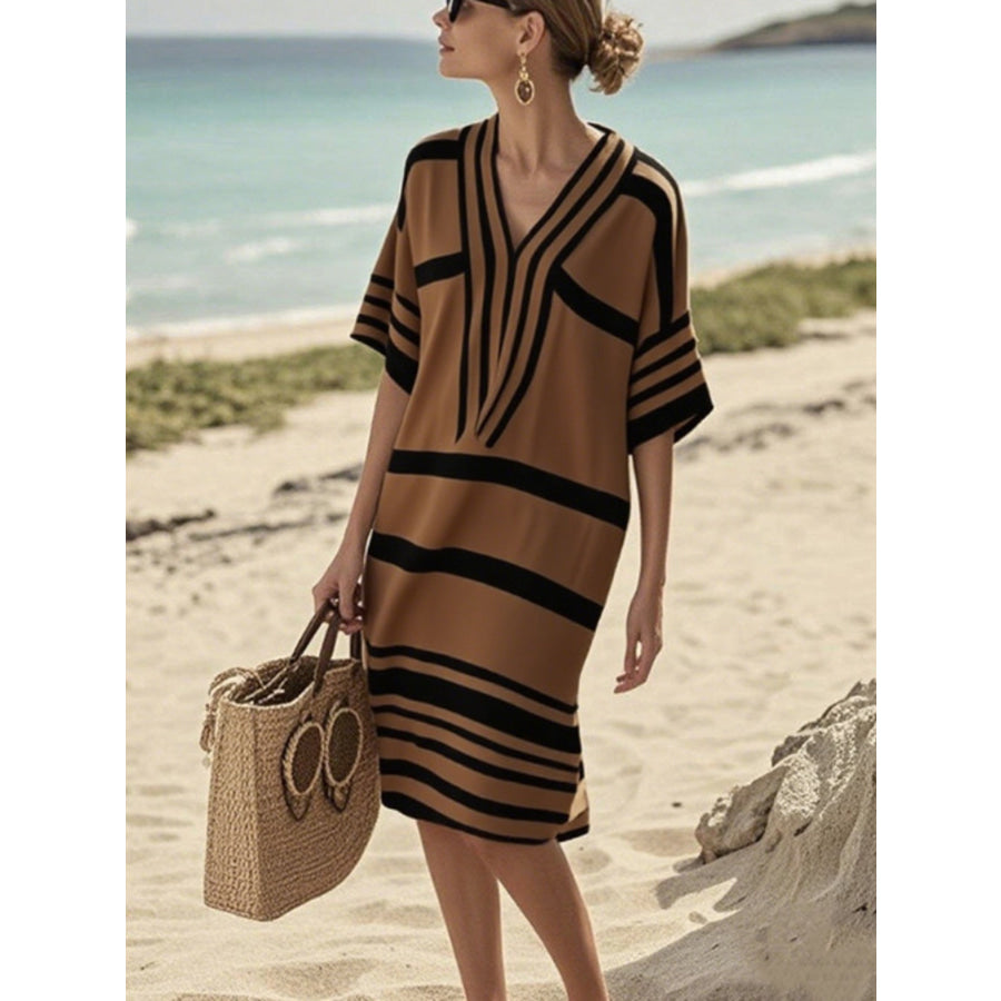 Full Size Striped Half Sleeve Midi Dress Plus Size Dark Brown / S Apparel and Accessories