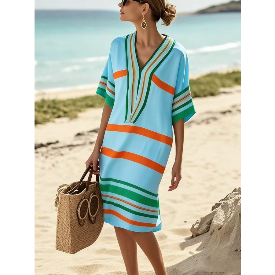Full Size Striped Half Sleeve Midi Dress Plus Size Pastel Blue / S Apparel and Accessories