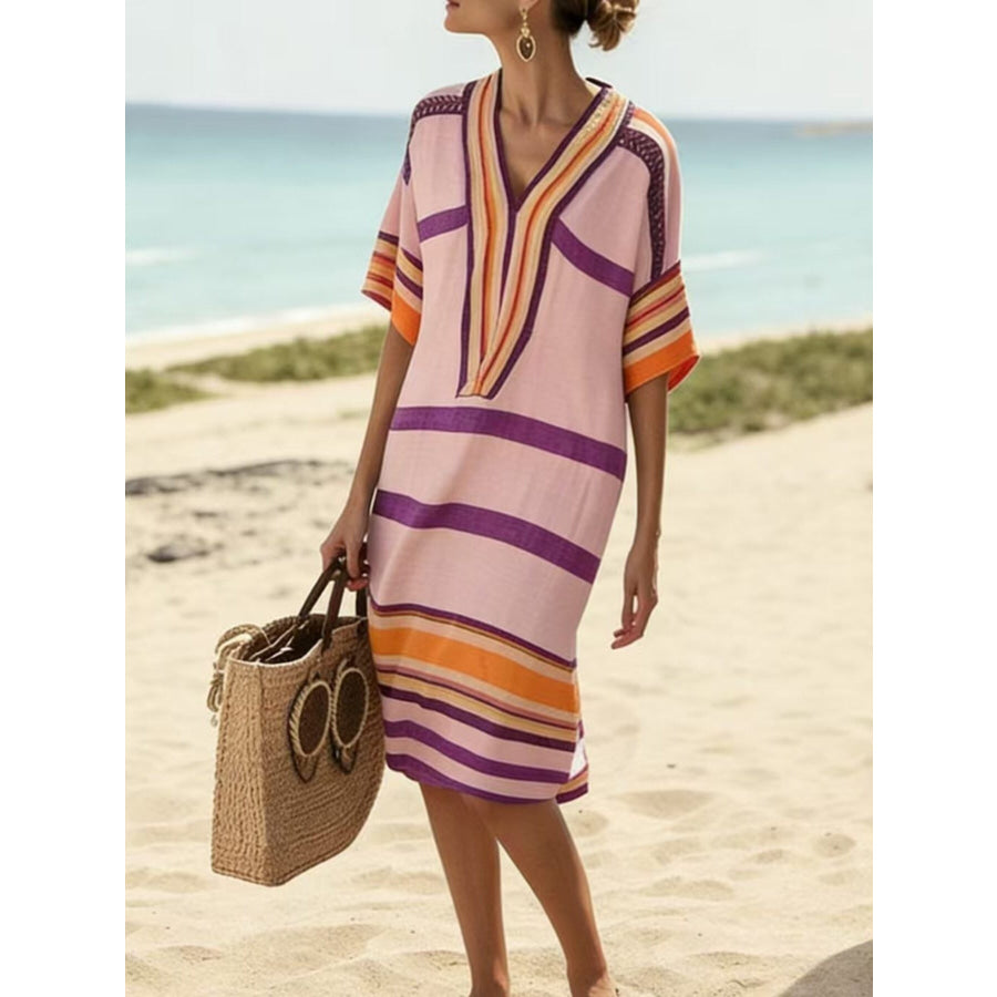 Full Size Striped Half Sleeve Midi Dress Plus Size Pink / S Apparel and Accessories