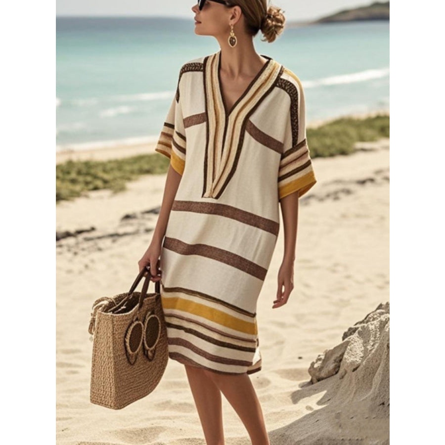 Full Size Striped Half Sleeve Midi Dress Plus Size Tan / S Apparel and Accessories