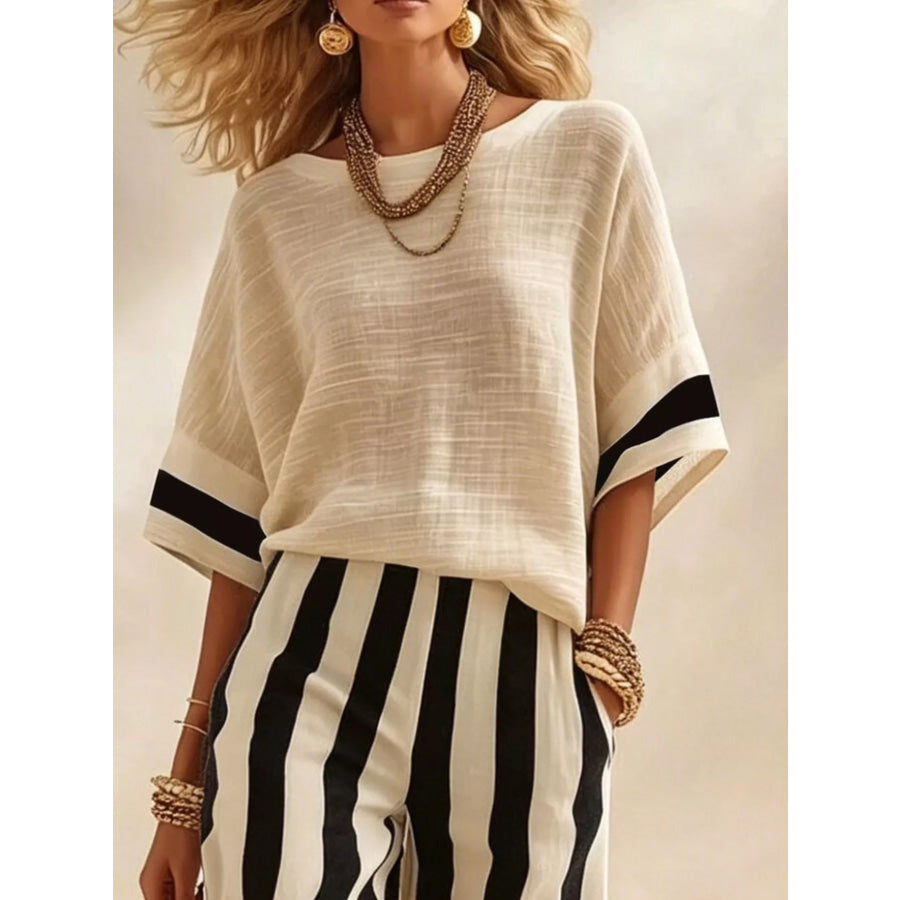 Full Size Striped Half Sleeve Top and Pants Set Plus Apparel Accessories