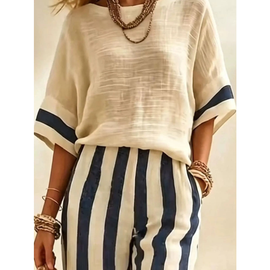 Full Size Striped Half Sleeve Top and Pants Set Plus Apparel Accessories