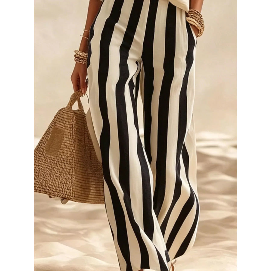 Full Size Striped Half Sleeve Top and Pants Set Plus Apparel Accessories