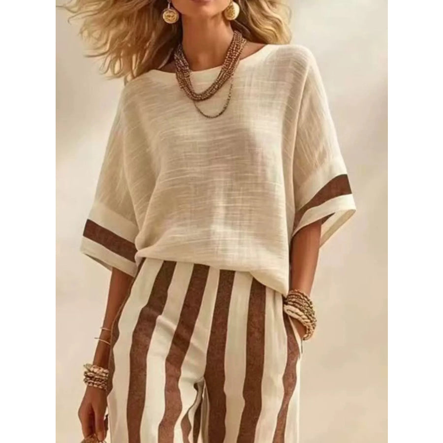 Full Size Striped Half Sleeve Top and Pants Set Plus Apparel Accessories