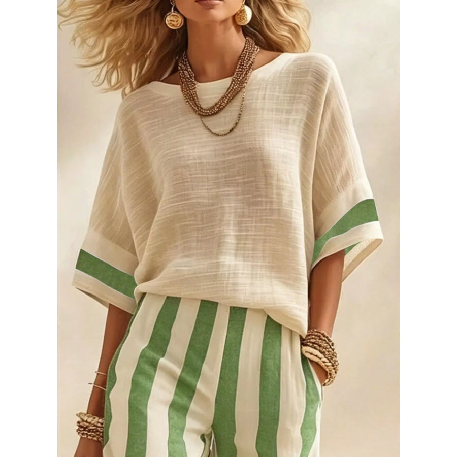 Full Size Striped Half Sleeve Top and Pants Set Plus Apparel Accessories