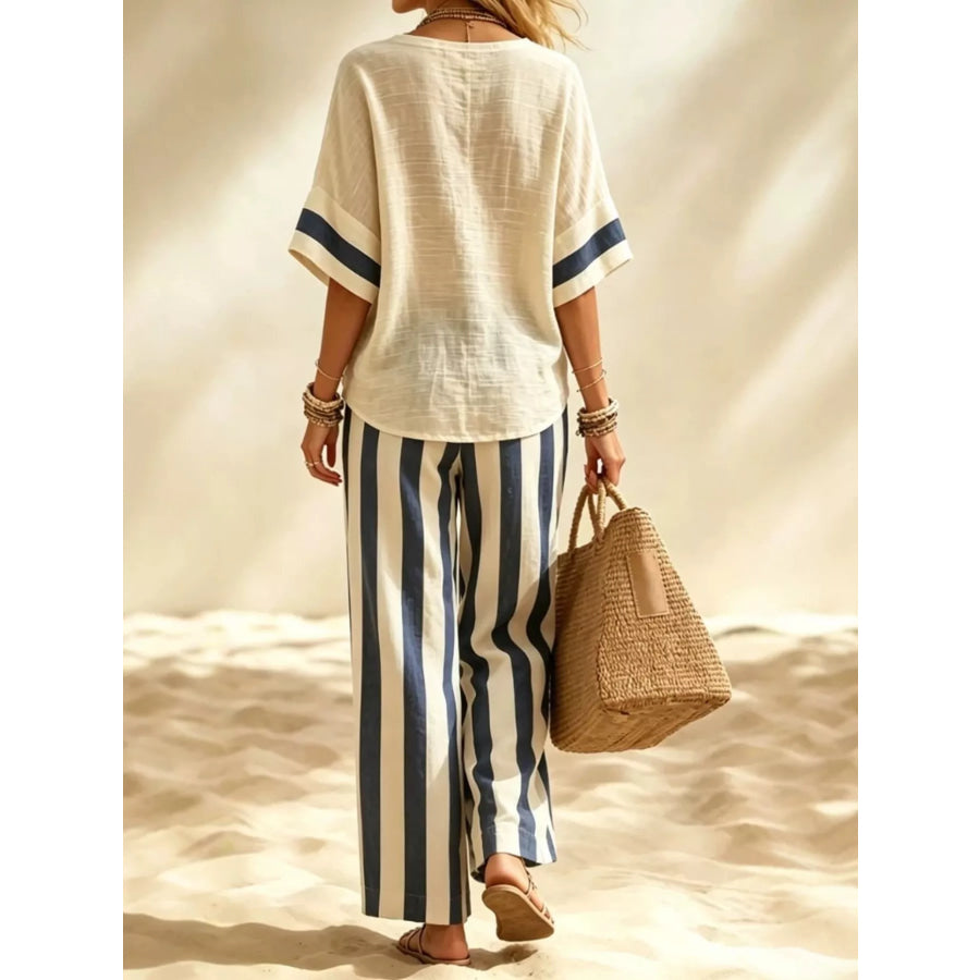 Full Size Striped Half Sleeve Top and Pants Set Plus Apparel Accessories