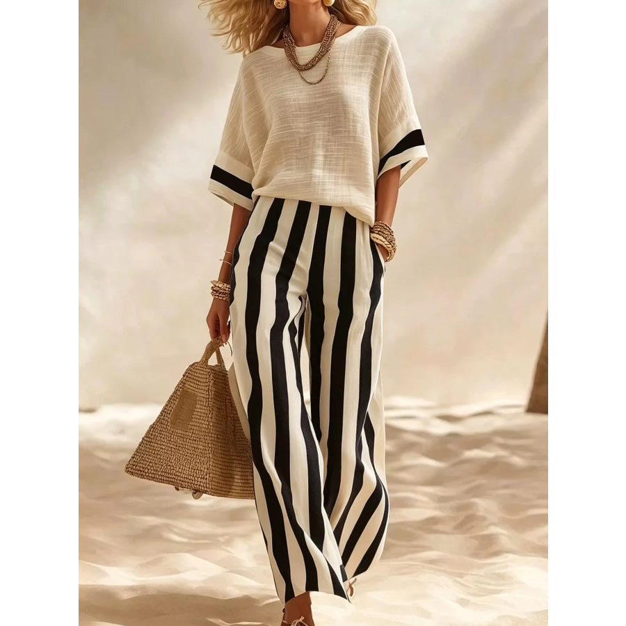 Full Size Striped Half Sleeve Top and Pants Set Plus Black / S Apparel Accessories
