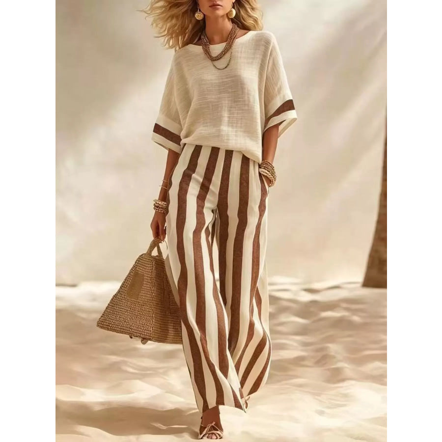 Full Size Striped Half Sleeve Top and Pants Set Plus Caramel / S Apparel Accessories