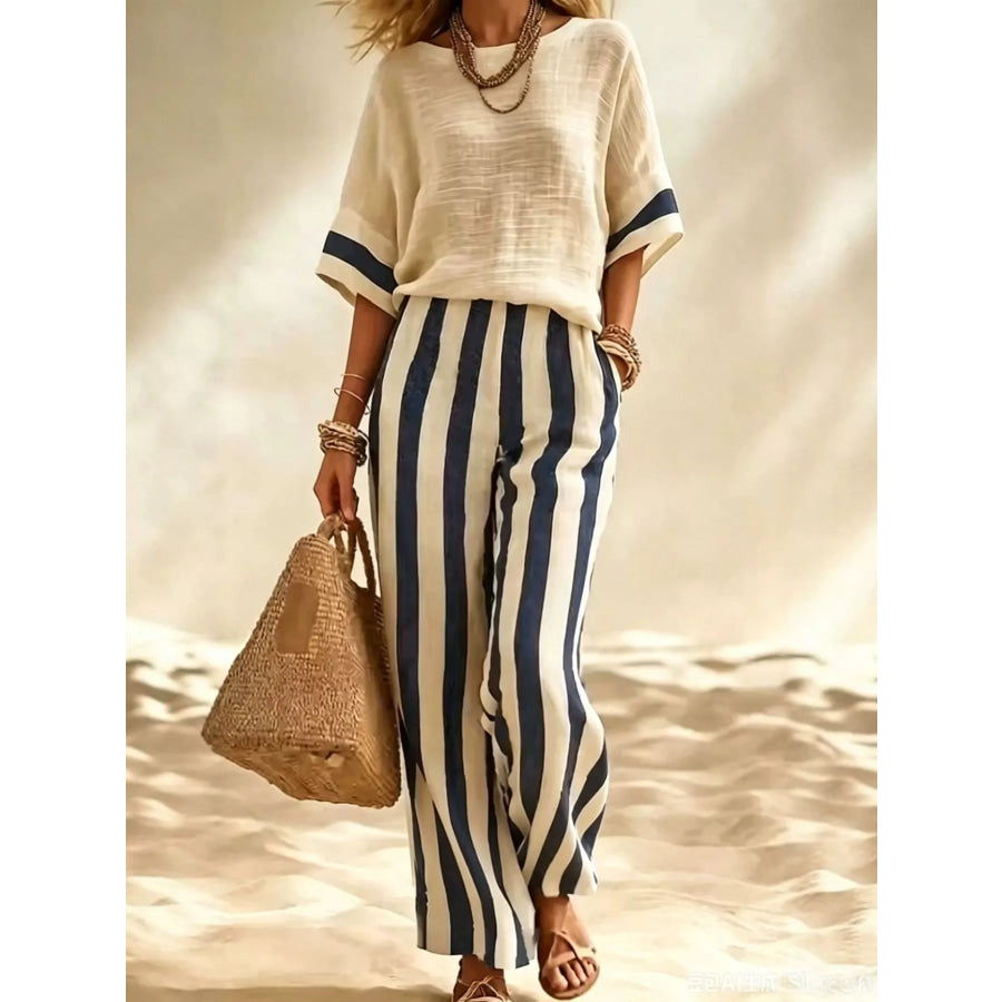 Full Size Striped Half Sleeve Top and Pants Set Plus Dark Blue / S Apparel Accessories