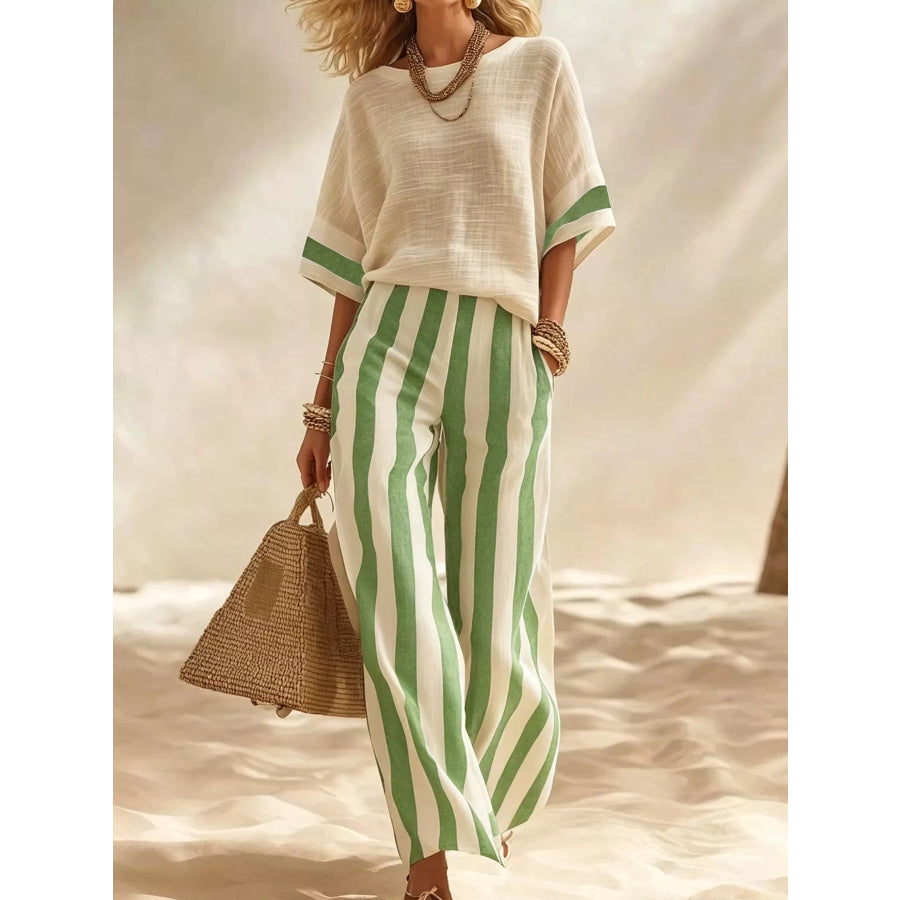 Full Size Striped Half Sleeve Top and Pants Set Plus Yellow-green / S Apparel Accessories
