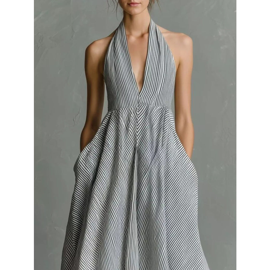 Full Size Striped Halter Neck Maxi Dress with Pockets Plus Light Gray / S Apparel and Accessories