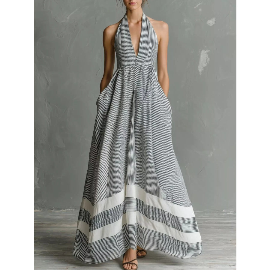 Full Size Striped Halter Neck Maxi Dress with Pockets Plus Light Gray / S Apparel and Accessories