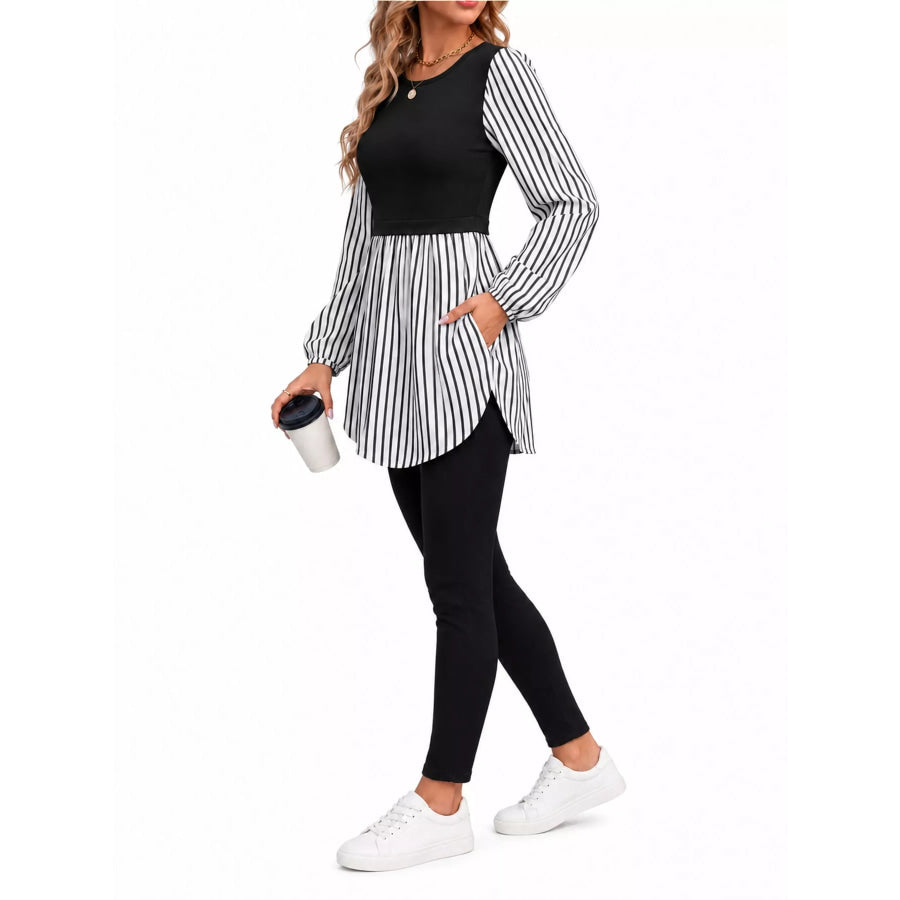 Full Size Striped Long Sleeve Blouse Plus Apparel and Accessories
