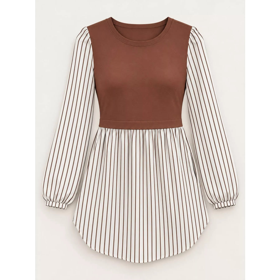 Full Size Striped Long Sleeve Blouse Plus Apparel and Accessories