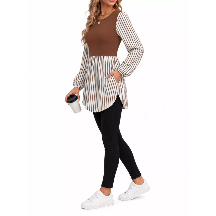 Full Size Striped Long Sleeve Blouse Plus Apparel and Accessories