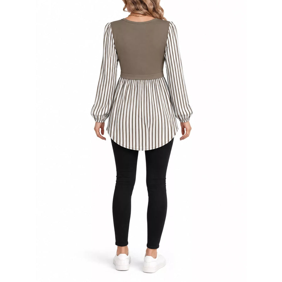 Full Size Striped Long Sleeve Blouse Plus Apparel and Accessories