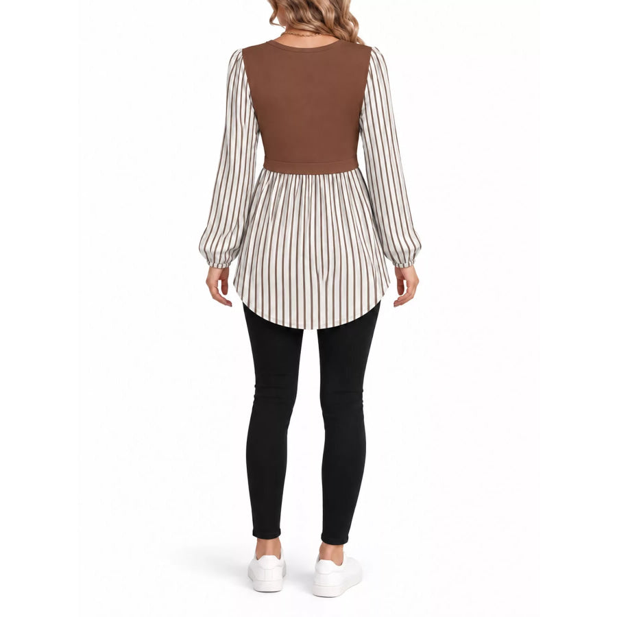 Full Size Striped Long Sleeve Blouse Plus Apparel and Accessories