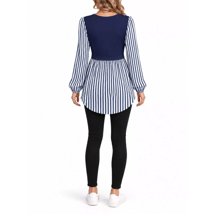 Full Size Striped Long Sleeve Blouse Plus Apparel and Accessories
