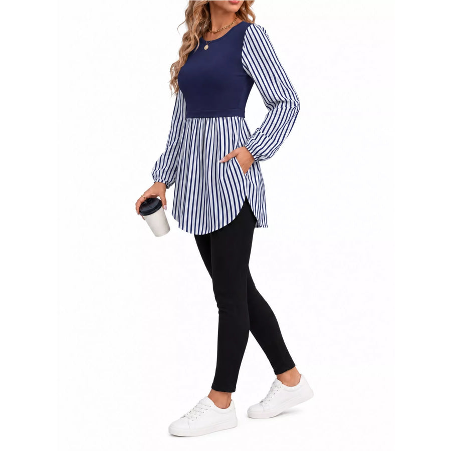 Full Size Striped Long Sleeve Blouse Plus Apparel and Accessories