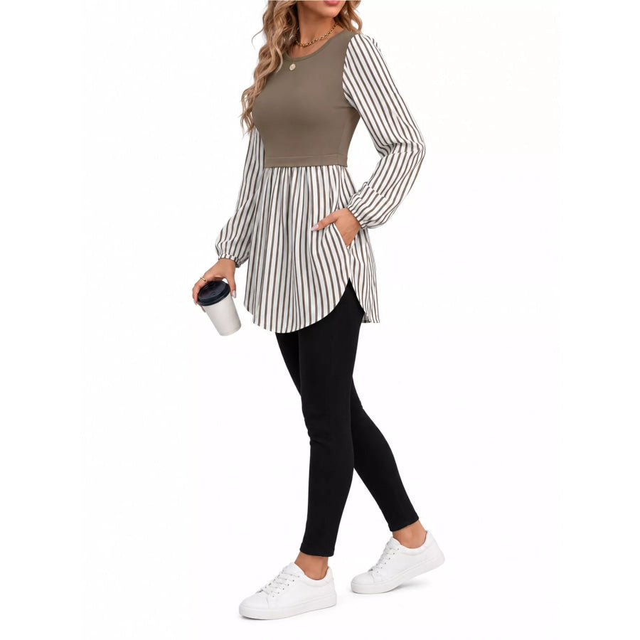 Full Size Striped Long Sleeve Blouse Plus Coffee / S Apparel and Accessories