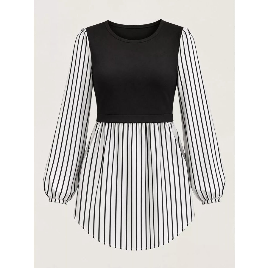 Full Size Striped Long Sleeve Blouse Plus Apparel and Accessories