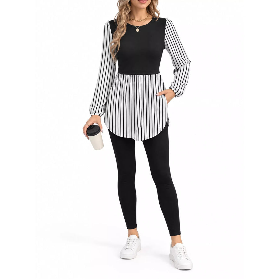 Full Size Striped Long Sleeve Blouse Plus Black Stripes / S Apparel and Accessories