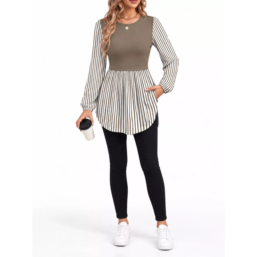 Full Size Striped Long Sleeve Blouse Plus Coffee / S Apparel and Accessories
