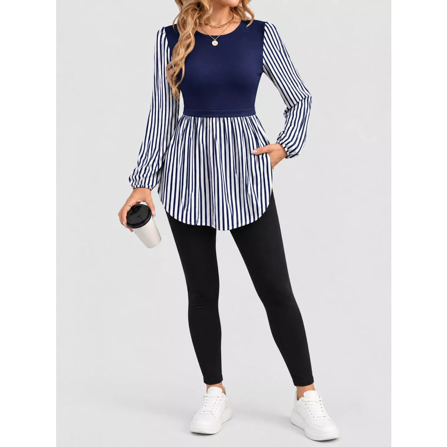 Full Size Striped Long Sleeve Blouse Plus Navy / S Apparel and Accessories