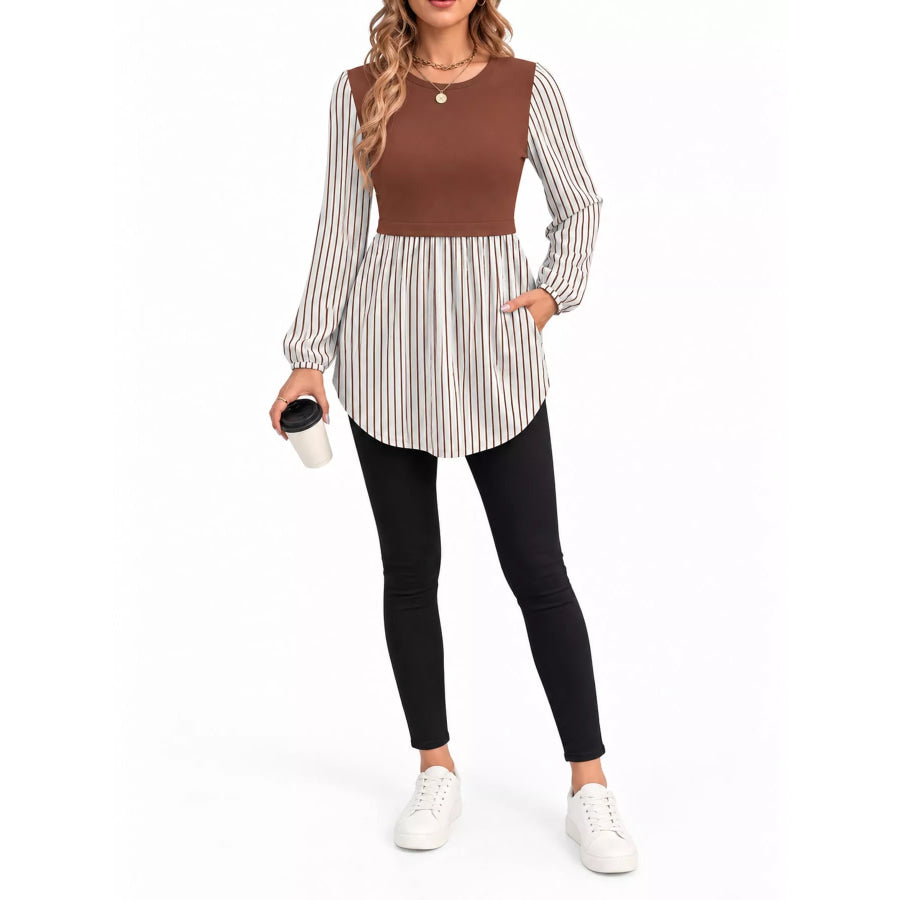 Full Size Striped Long Sleeve Blouse Plus Rust Red / S Apparel and Accessories
