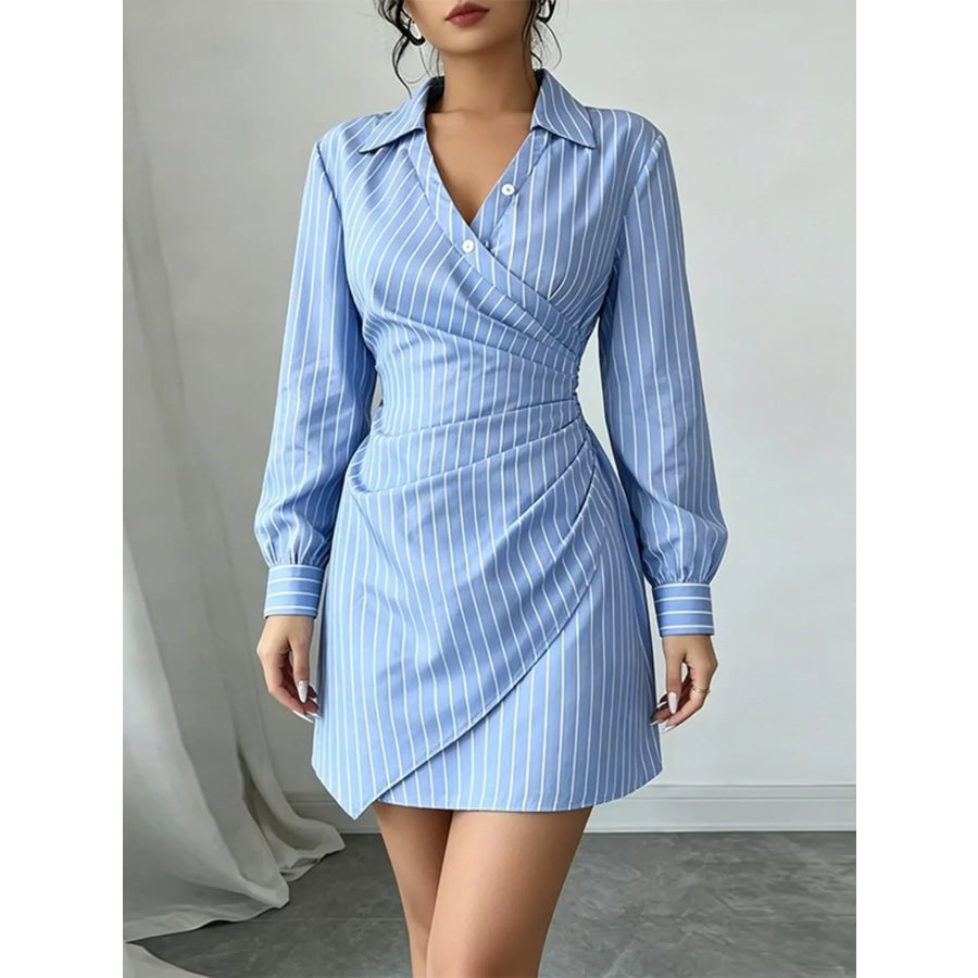 Full Size Striped Long Sleeve Shirt Dress Plus Size Blue / S Apparel and Accessories