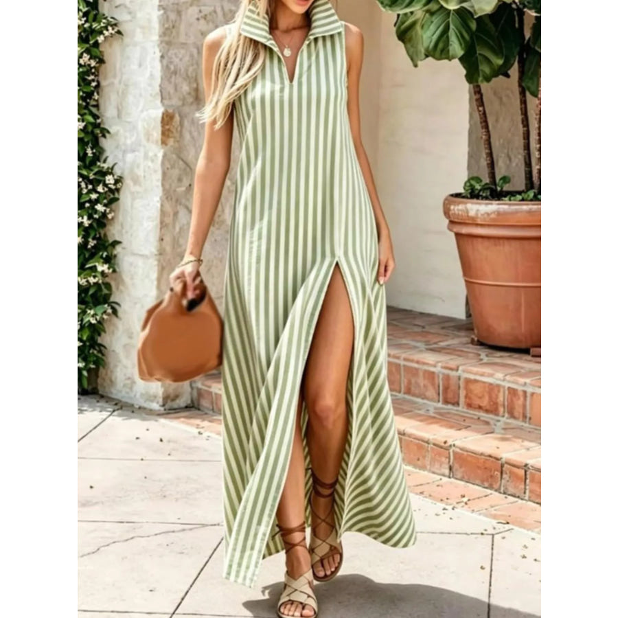 Full Size Striped Maxi Dress with High Slit Plus Size Apparel and Accessories